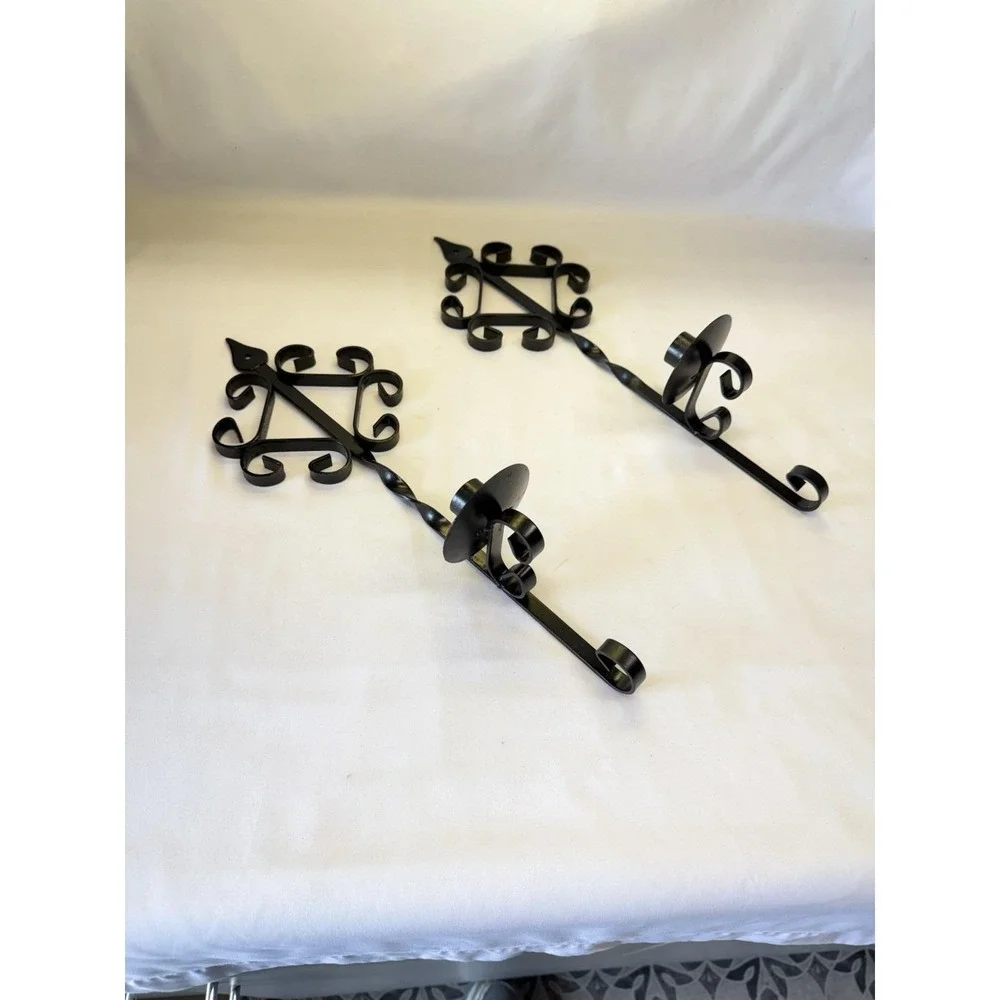 Pair Of Wrought Iron Gothic Southwest Style Wall Sconce Candle Holders 16.5